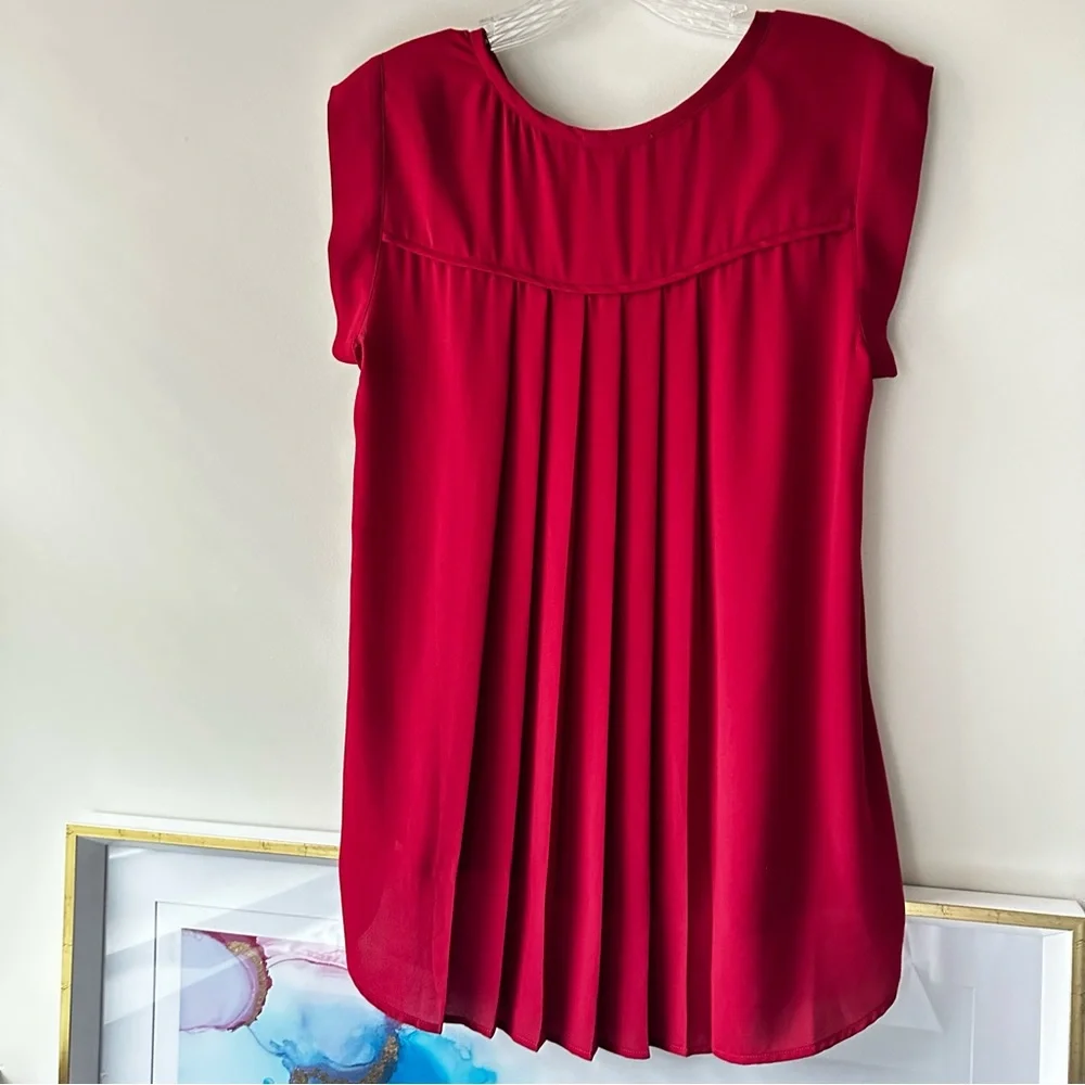PLEIONE Top High Low flowy Short Sleeve Nordstrom Blouse Red Rucked Size SP - Picture 7 of 8